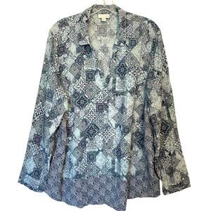 J. Jill Medallion Border Tunic Womens XL Blue Purple Long Sleeve Button Top